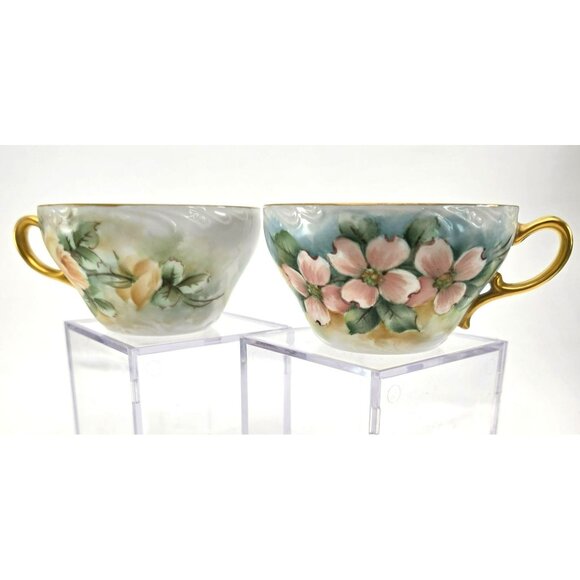 Hand-Painted Floral Porcelain Tea Cups With Gold Handles Vintage Set Of 2 jj3703 - Picture 3 of 12